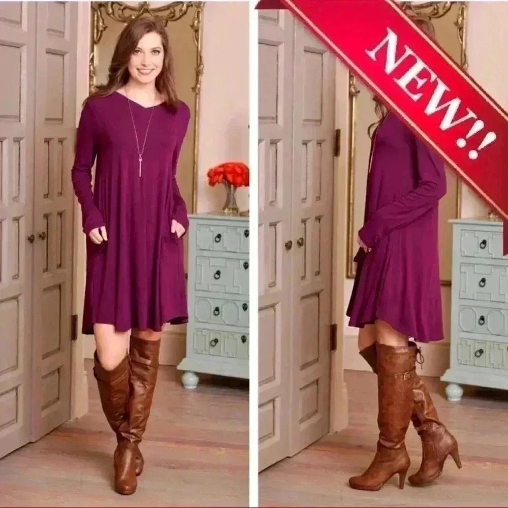 "Poppy" Plum LS V Neck Tunic Dress